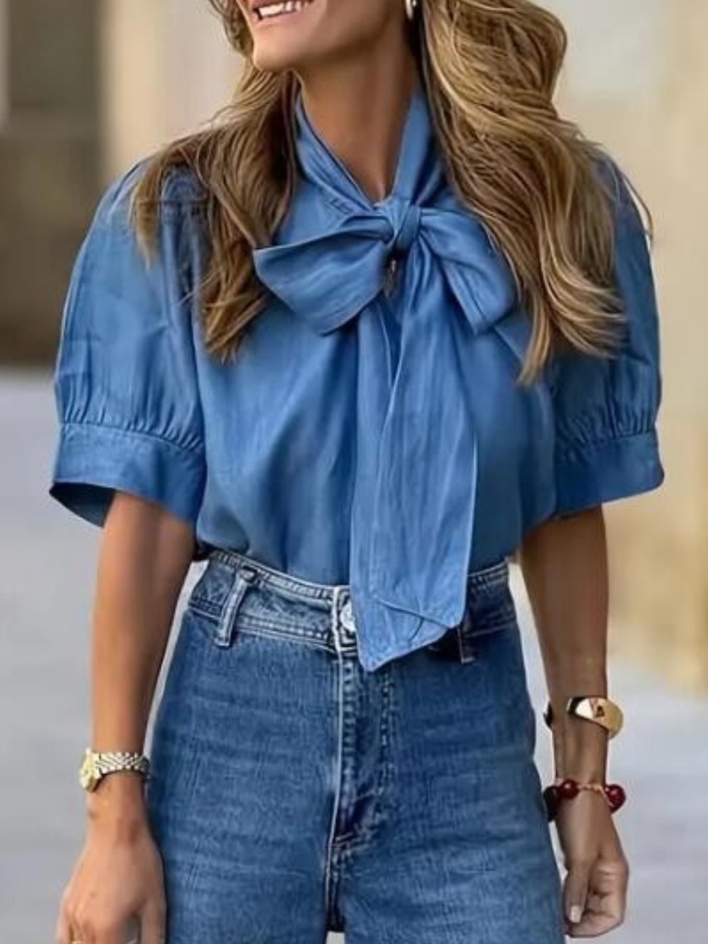 ShopEvelynne Sky Blue Tie-Neck Puff Sleeve Blouse